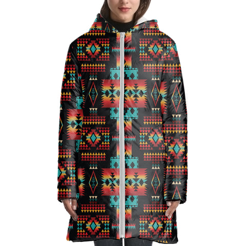 GB-NAT00046-02 Black Native Tribes Pattern 3D With Cap Long Down Jacket