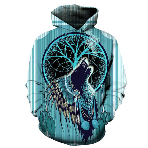 Wolf Blue 3D Native American Hoodie no link - Powwow Store