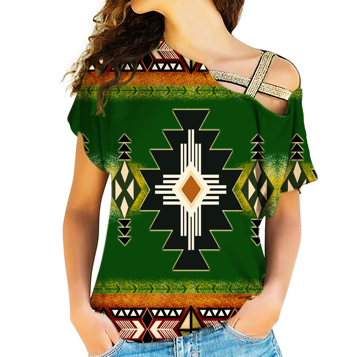 GB-NAT0001 Southwest Green Symbol Native American Cross Shoulder Shirt - Powwow Store