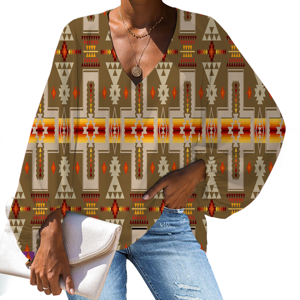 GB-NAT00062-10 Light Brown Tribe Design Native American Chiffon Shirt