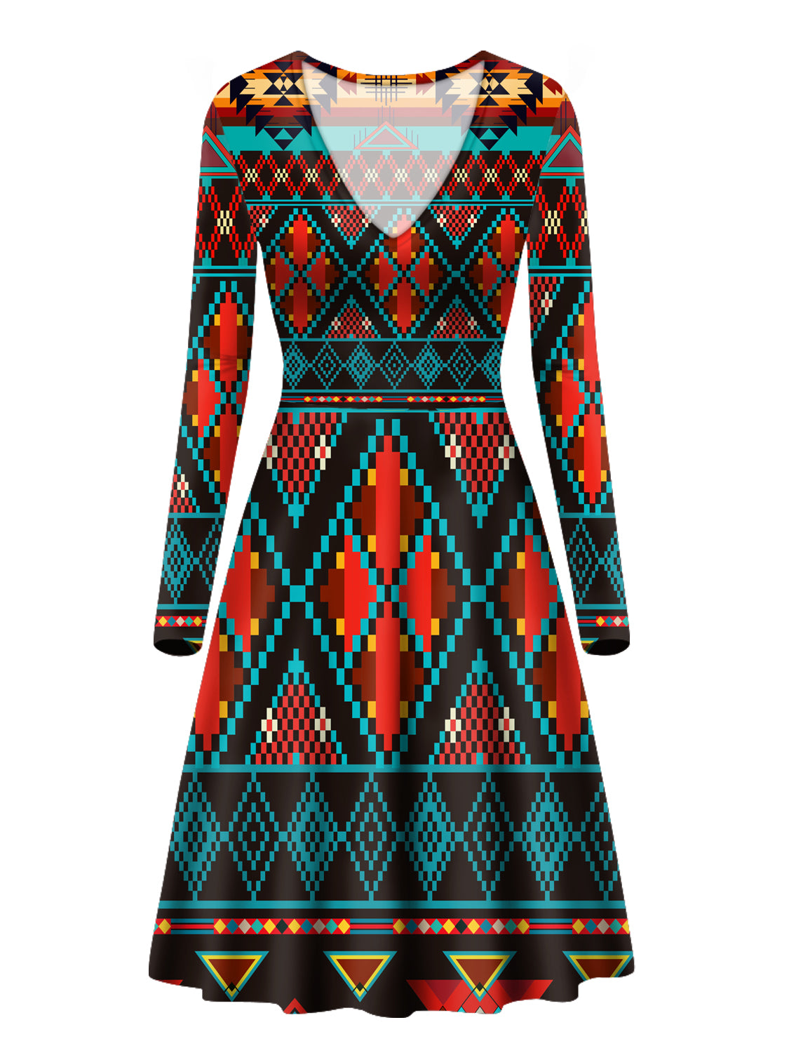 GB-NAT00112 Dark Brown Red Pattern Native American V-Long Sleeve Dress Powwow Store GB-NAT00112 Dark Brown Red Pattern Native American V-Long Sleeve Dress Powwow Store