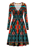 GB-NAT00112 Dark Brown Red Pattern Native American V-Long Sleeve Dress