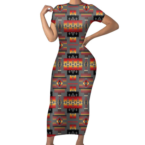 GB-NAT00046-11 Gray Tribe Pattern Native American Short-Sleeved Body Dress
