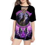 GB-NAT00564 Howling Wolf Dream Catcher Round Neck Hollow Out Tshirt