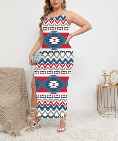 Powwow StoreDSS0004 Pattern Native ObliqueShoulder Exposure Dress With Side Split