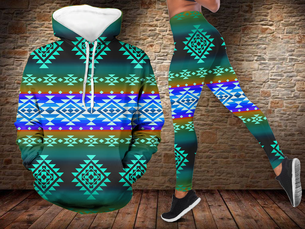 Powwow StoreGBNAT0068002 Pattern Blue  Native American  3D Hoodie Legging Set