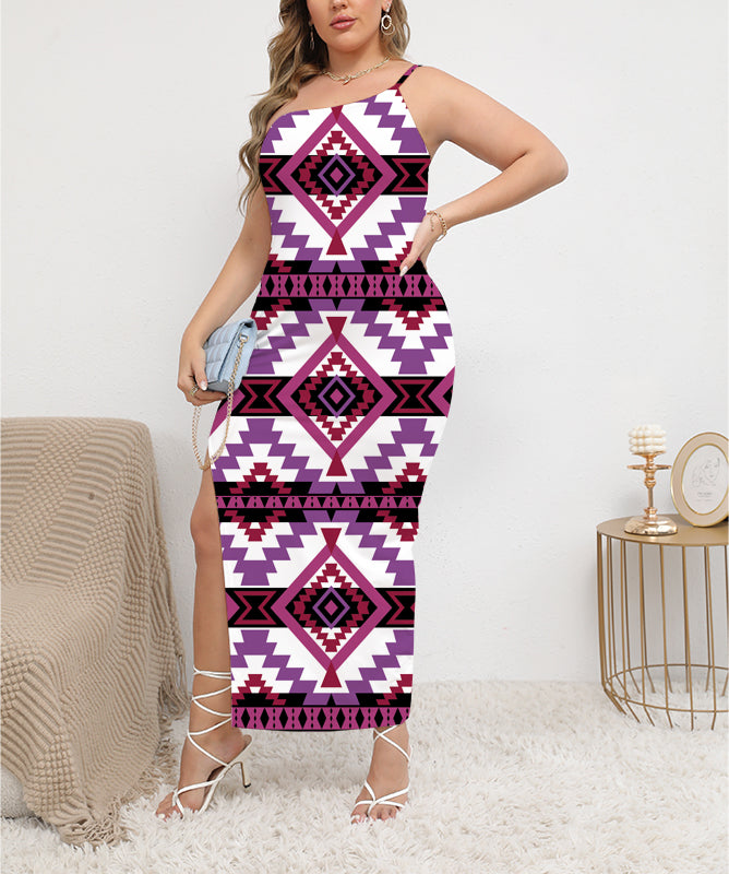 Powwow StoreDSS0005 Pattern Native ObliqueShoulder Exposure Dress With Side Split