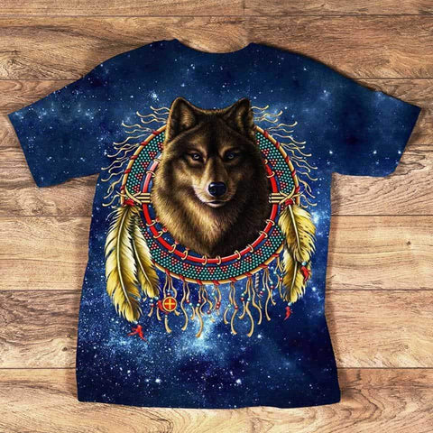 GB-NAT00805 Native American Wolf Head Dream Catcher 3D Tshirt