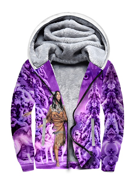 GB-NAT00352  Native Girl And Wolf Purple 3D Fleece Hoodie