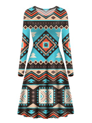 GB-NAT00319 Line Shapes Ethnic Pattern Long Sleeve Dress - Powwow Store