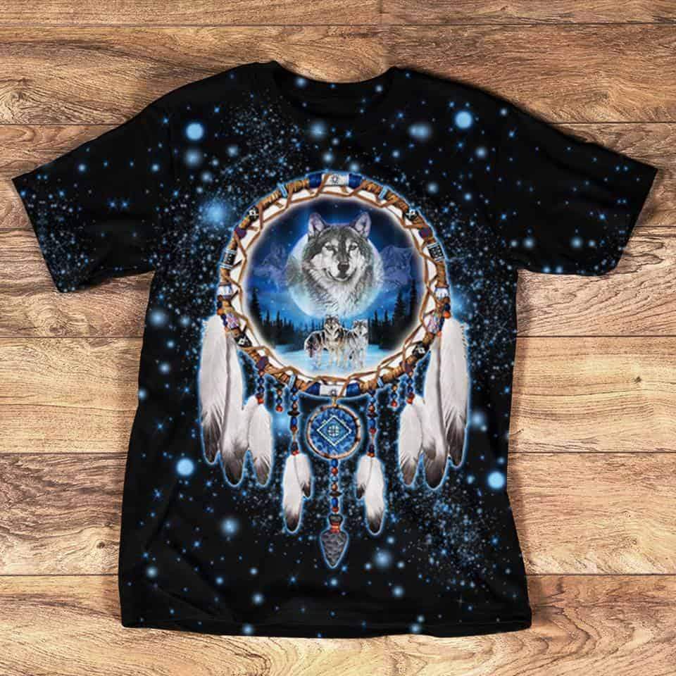 Native American Galaxy Wolf Dream Catcher 3D Tshirt - Powwow Store