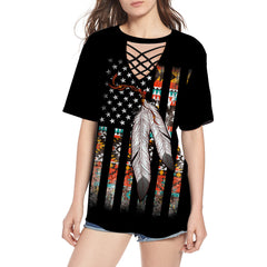 GB-NAT00108 Flag Feather Round Neck Hollow Out Tshirt - Powwow Store