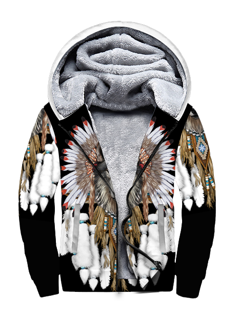 Powwow StoreGBNAT00446 Wolf With Feather Headdress 3D Fleece Hoodie