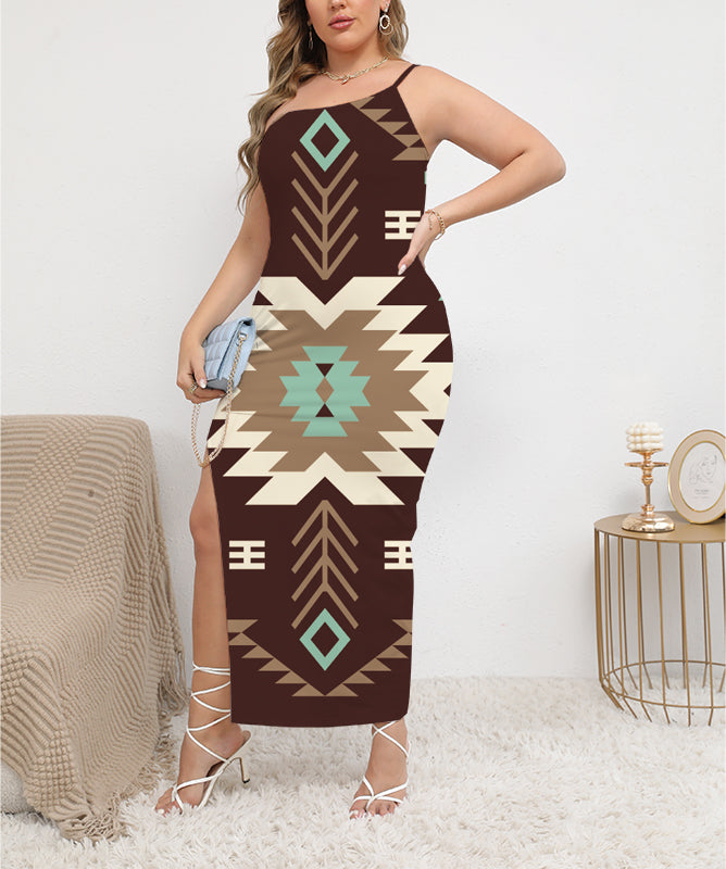 Powwow StoreGBNAT00737 Pattern Native ObliqueShoulder Exposure Dress With Side Split