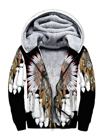 Powwow StoreGBNAT00446 Wolf With Feather Headdress 3D Fleece Hoodie