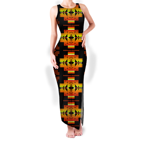 GB-NAT00720-06 Pattern Native Round Neck Double Slit Sundress