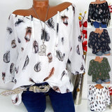 Powwow Store 5xl plus large size womens blouses summer tops new leisure blouse white loose feather print v neck half sleeve shirts blusas blouses shirts