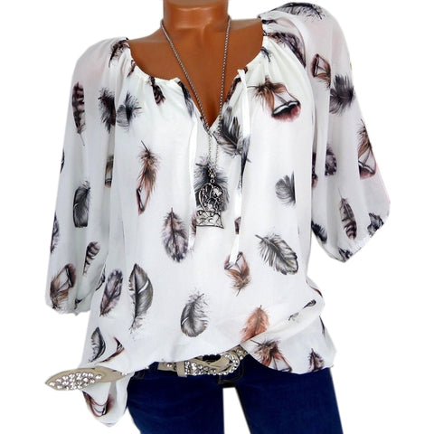 Powwow Store 5xl plus large size womens blouses summer tops new leisure blouse white loose feather print v neck half sleeve shirts blusas blouses shirts