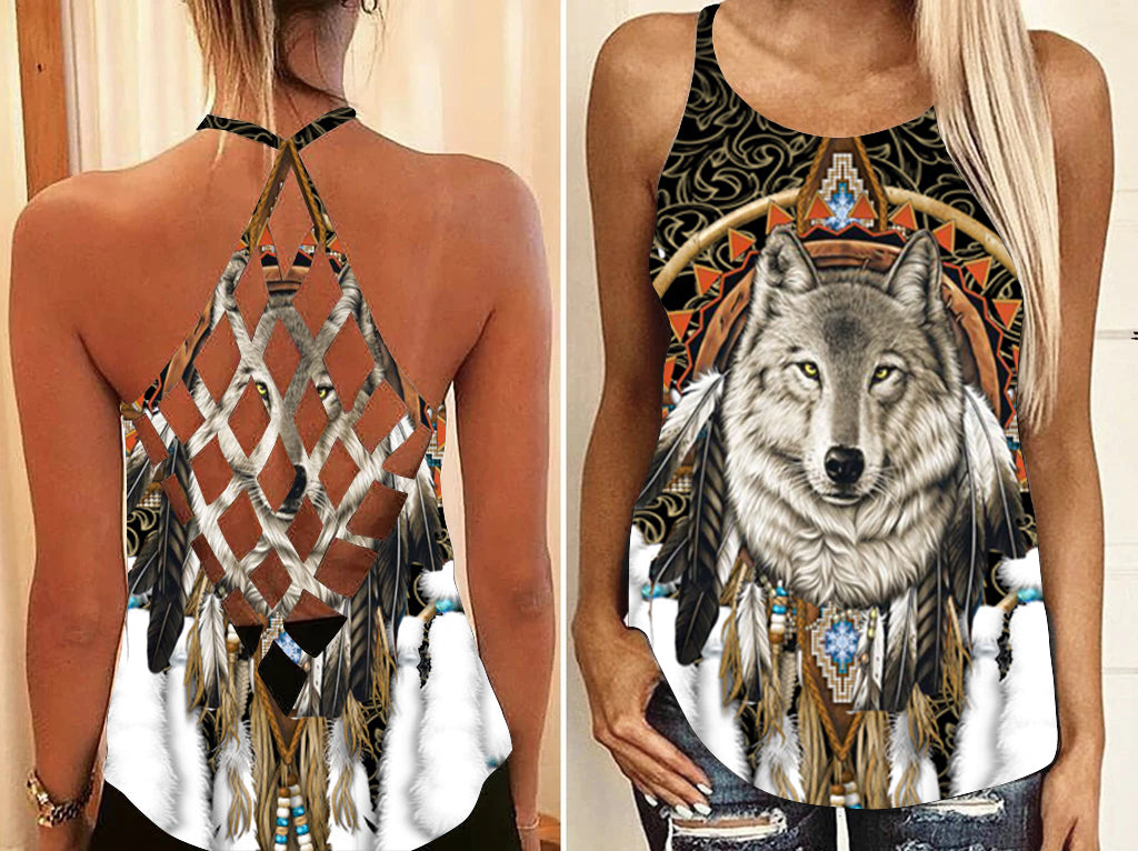 Powwow Store gb nat00210 wolf dreamcatcher feather native american criss cross