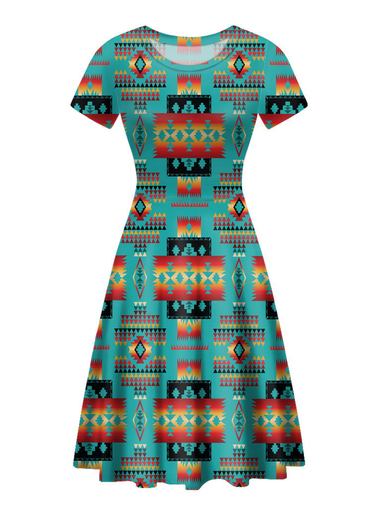 GB-NAT00046-01 Blue Native Tribes Pattern Round Neck Dress