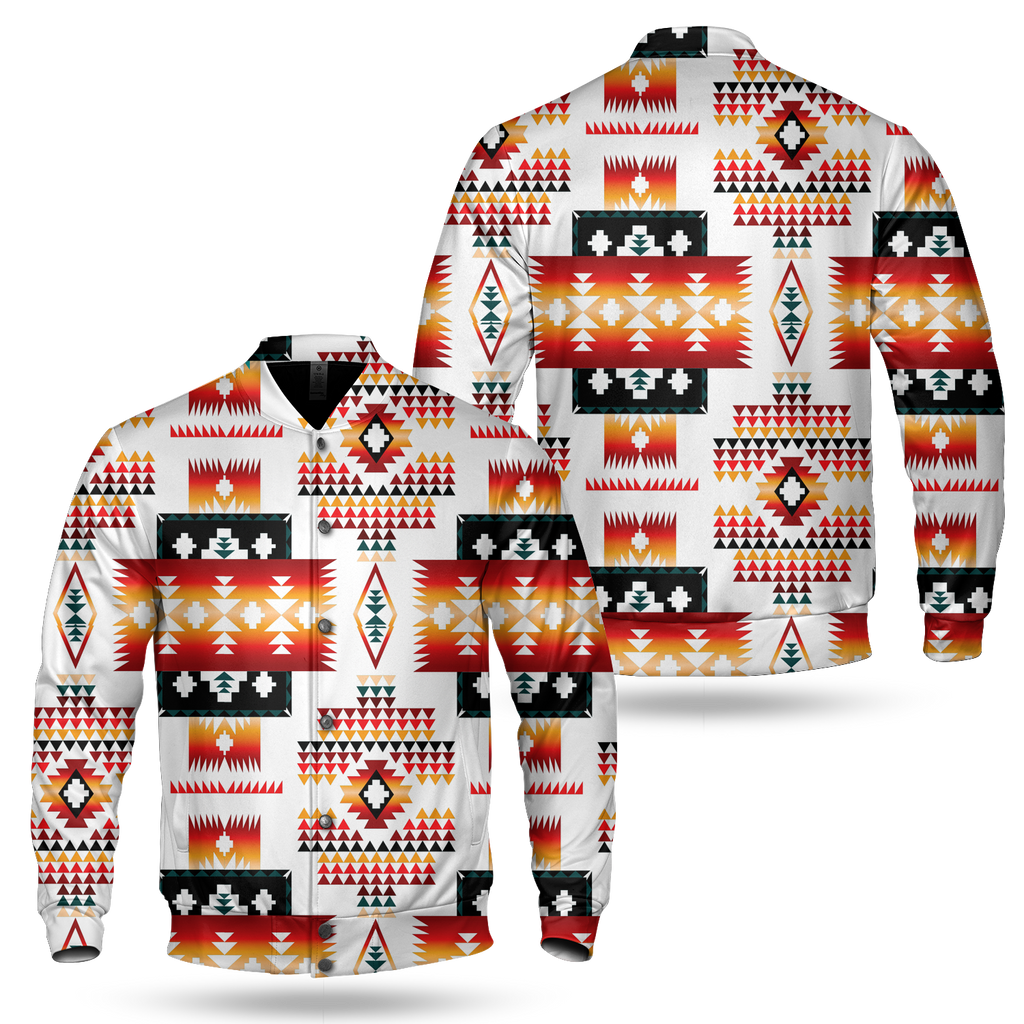 GB-NAT00075 White Tribes Pattern Over Print Baseball Jacket