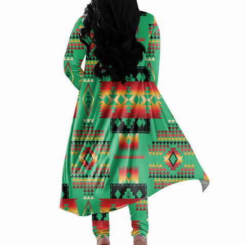 GB-NAT00046-05 Green Tribe Pattern Native American Cardigan Coat Long Pant Set