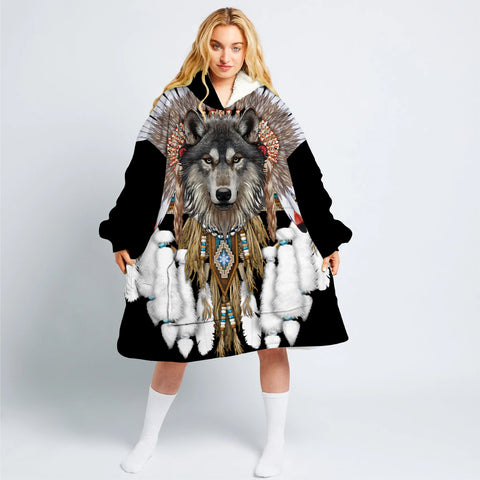 Powwow StoreGBNAT00446 Wolf With Feather Headdress Long Fleece Hoodie