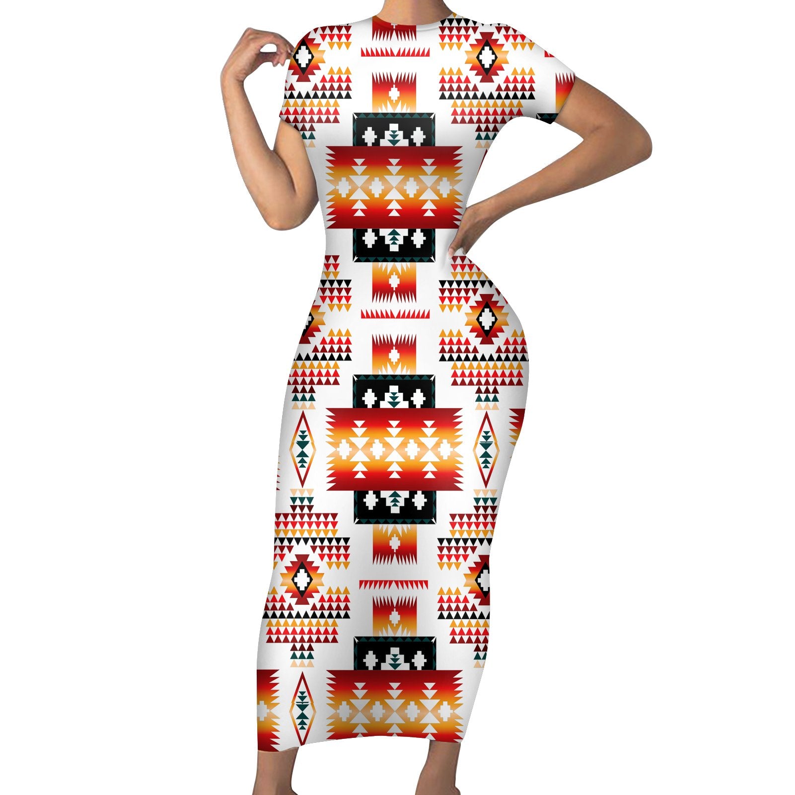 Powwow Store gb nat00075 white tribes pattern native american short sleeved body dress