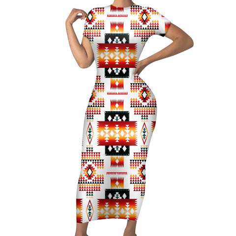 GB-NAT00075 White Tribes Pattern Native American Short-Sleeved Body Dress