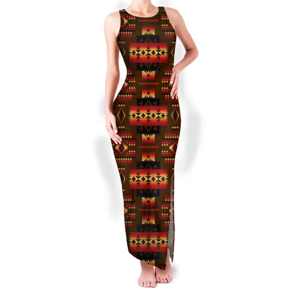 Powwow StoreGBNAT0004608 Pattern Native Round Neck Double Slit Sundress