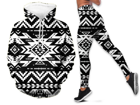 Powwow StoreGBNAT00441 Black Pattern Native Hoodie Legging Set