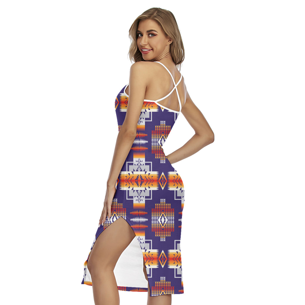 Powwow StoreGBNAT0004 Pattern Native 3D Wrap Hem Belted Halter Dress