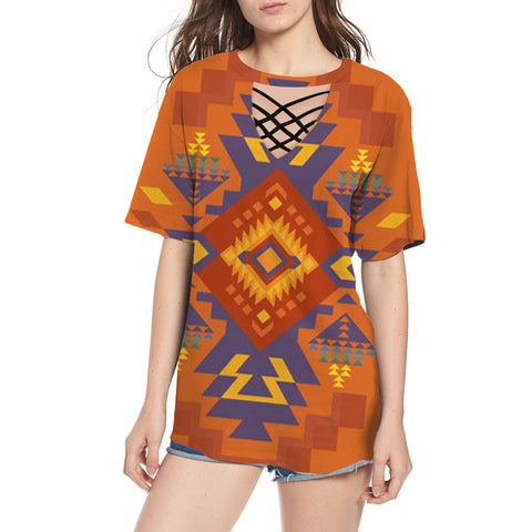 Powwow Store gb nat00538 02 orange pattern round neck hollow out tshirt