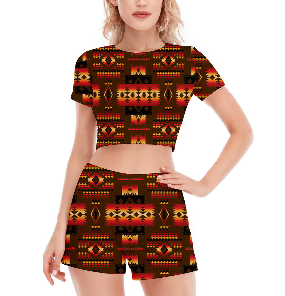 Powwow StoreGBNAT0004608 Pattern Native Women's Short Sleeve Cropped Top Shorts Suit