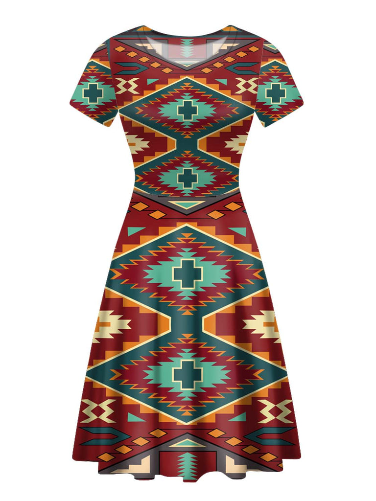 Powwow Store gb nat00061 native red yellow pattern round neck dress