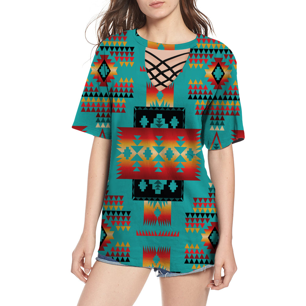 GB-NAT00046-01 Blue Native Tribes Pattern Native American Round Neck Hollow Out Tshirt - Powwow Store
