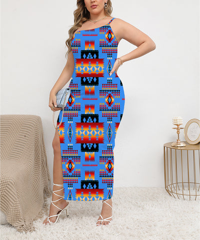 Powwow StoreGBNAT0004613 Navy Tribes  ObliqueShoulder Exposure Dress With Side Split