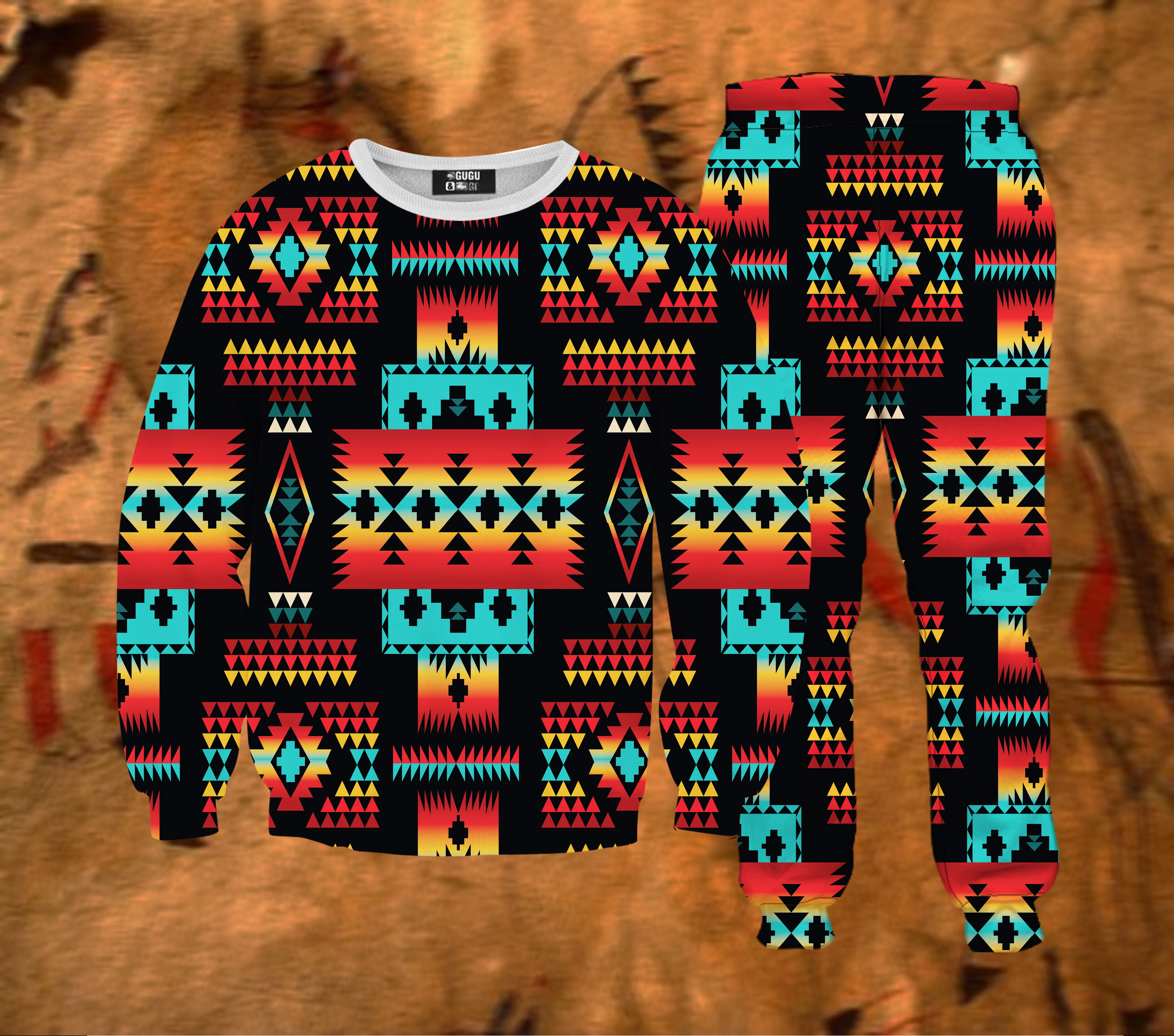 Powwow Store gb nat00046 02 black tribes pattern sweatshirt sweatpants