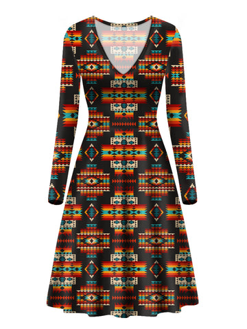 Powwow Store gb nat00402 black pattern native v long sleeve dress