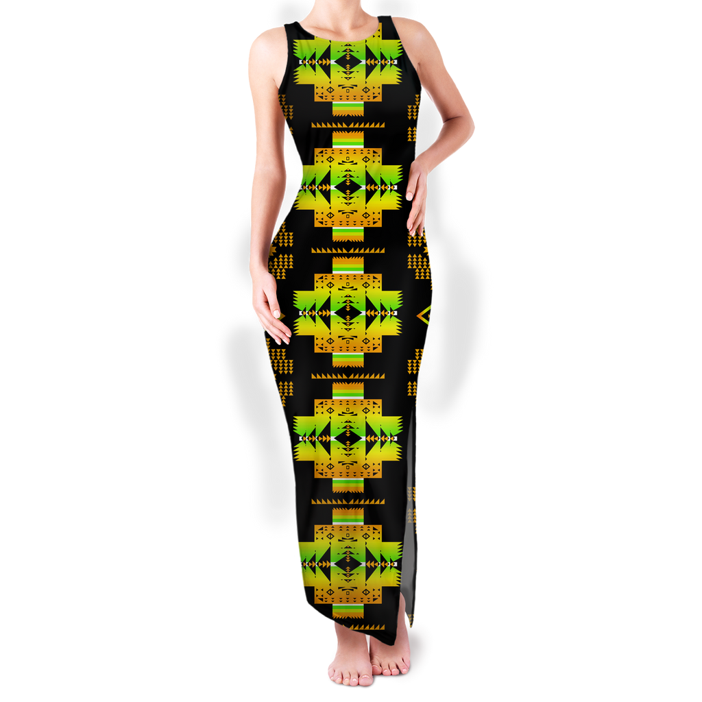 Powwow StoreGBNAT0072008 Pattern Native Round Neck Double Slit Sundress