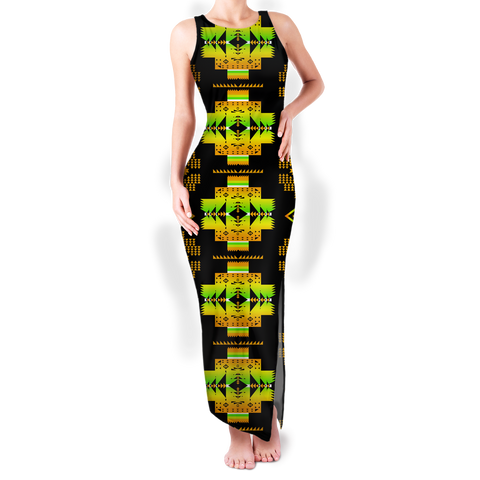 GB-NAT00720-08 Pattern Native Round Neck Double Slit Sundress