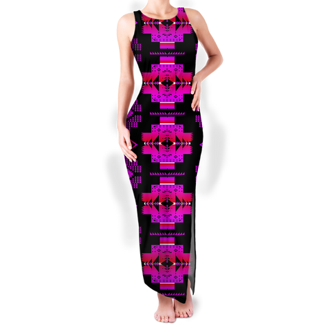 Powwow StoreGBNAT0072009 Pattern Native Round Neck Double Slit Sundress