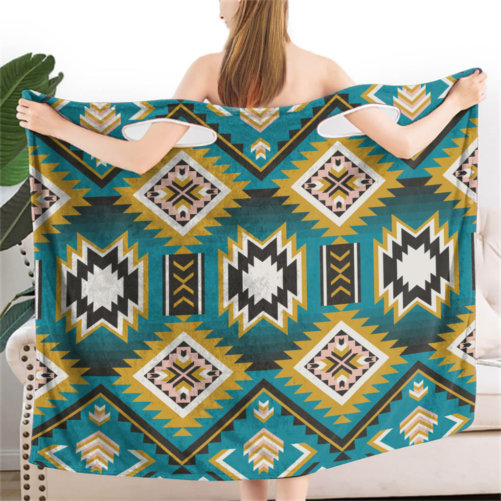 Powwow StoreGBNAT00517 Turquoise Geometric  Women Wearable  BathRobe