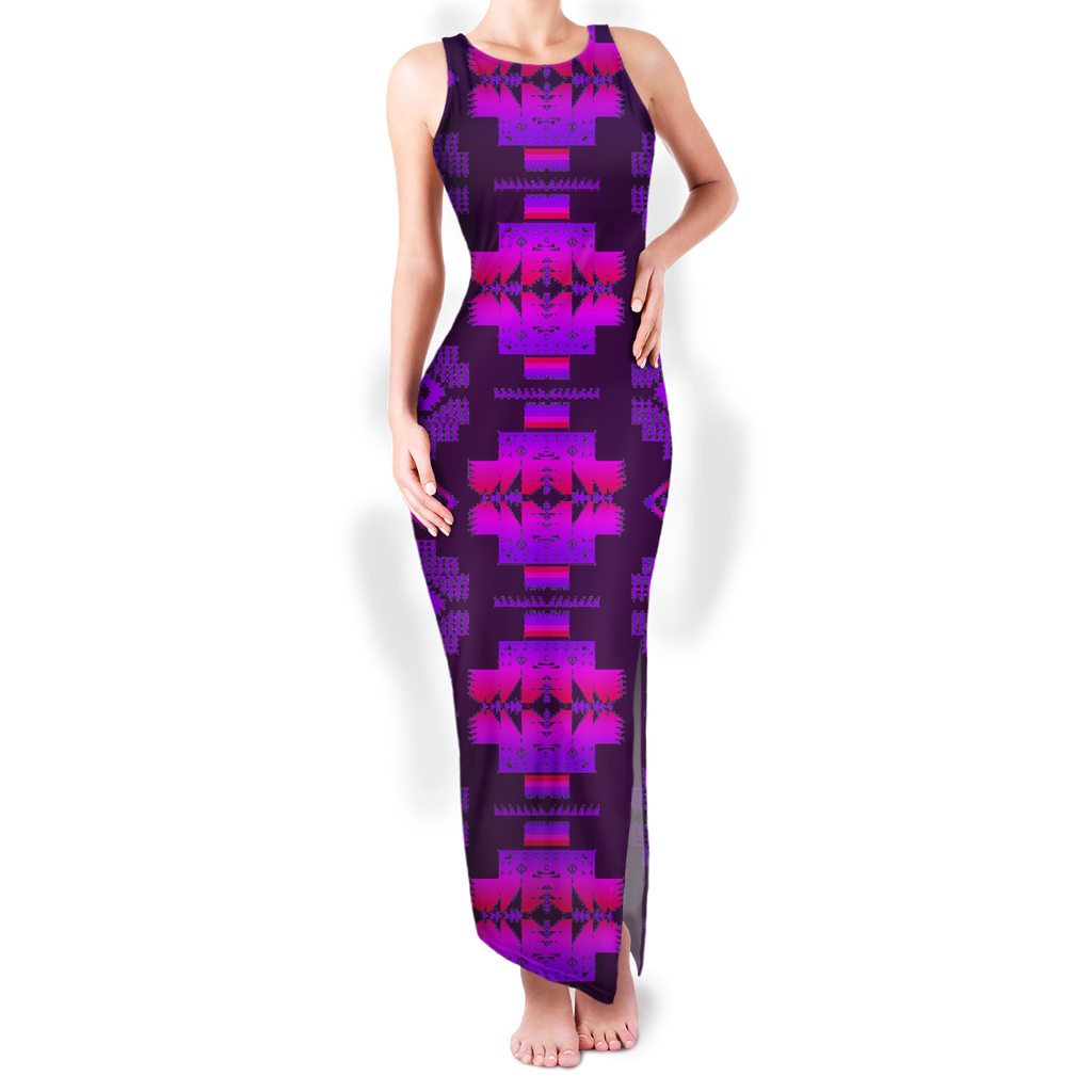 Powwow StoreGBNAT0072015 Pattern Native Round Neck Double Slit Sundress