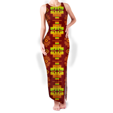 GB-NAT00720-16 Pattern Native Round Neck Double Slit Sundress