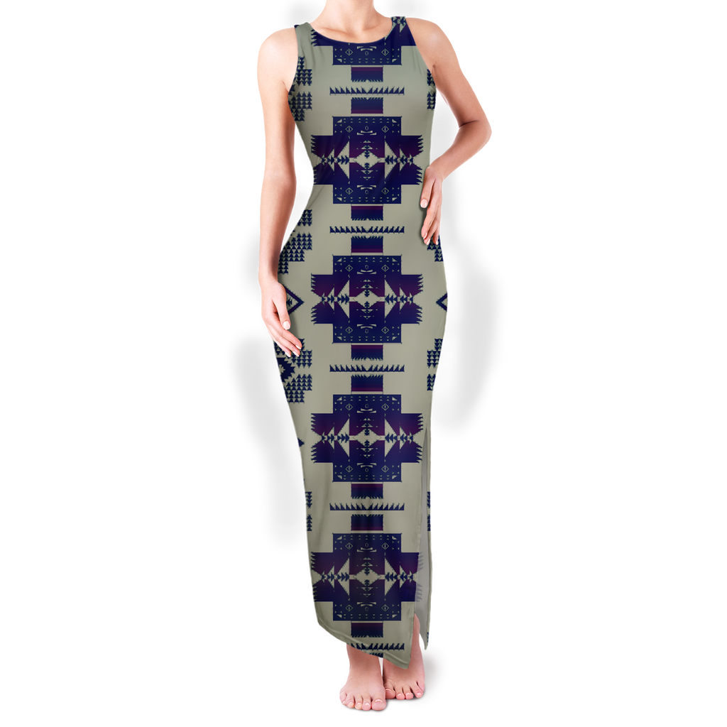 Powwow StoreGBNAT0072017 Pattern Native Round Neck Double Slit Sundress