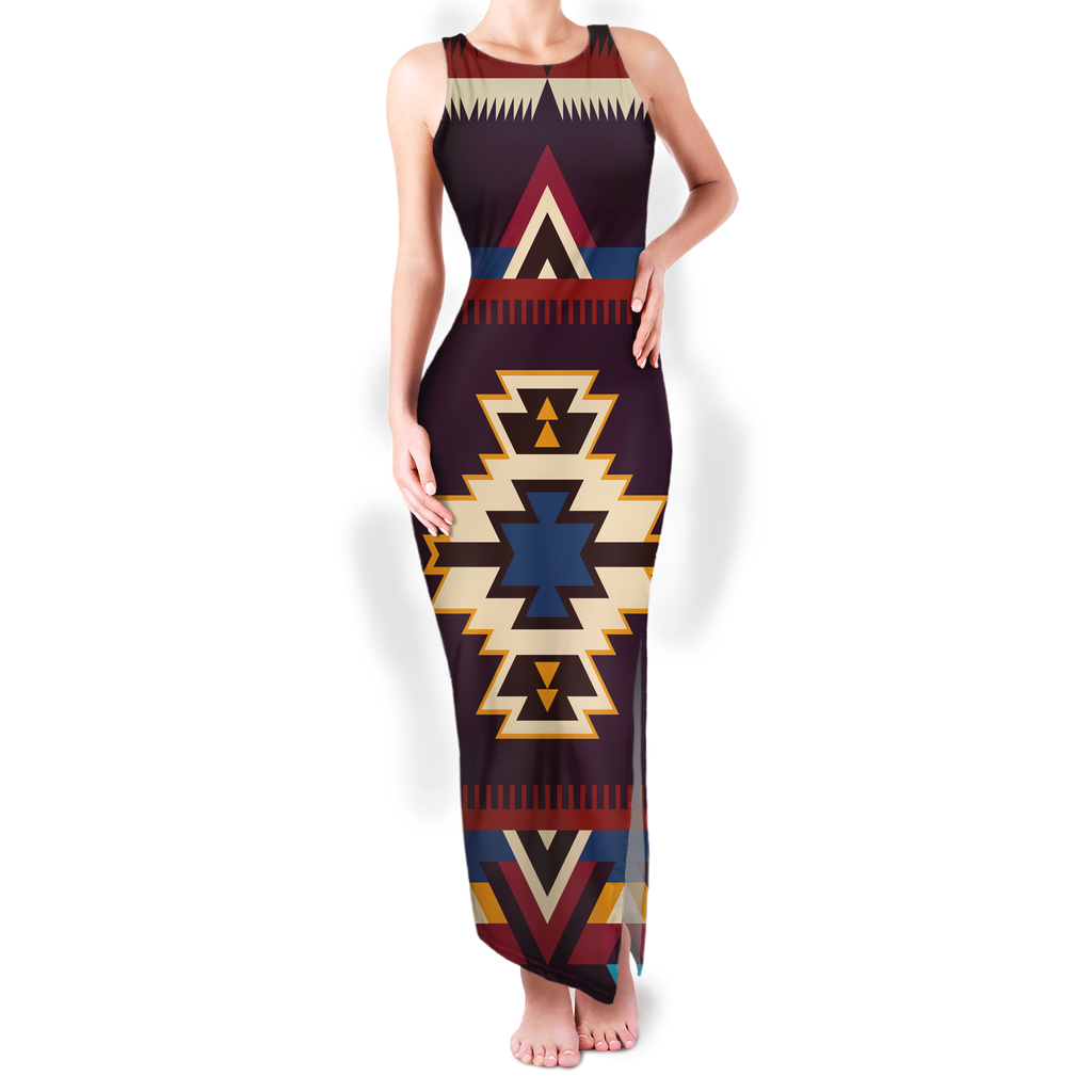 Powwow StoreGBNAT00736 Pattern Native Round Neck Double Slit Sundress