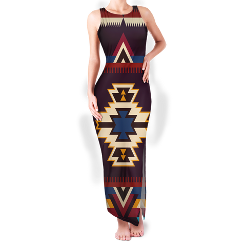 GB-NAT00736 Pattern Native Round Neck Double Slit Sundress