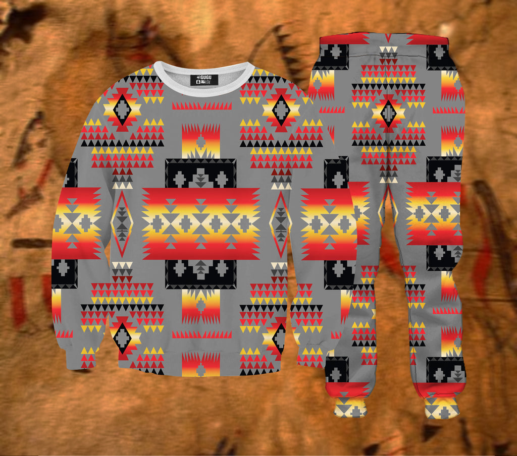 GB-NAT00046-11 Gray Tribe Pattern Native American Sweatshirt & Sweatpants Set