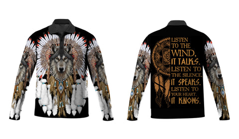 GB-NAT00446 Wolf With Feather Headdress Polo Long Sleeve